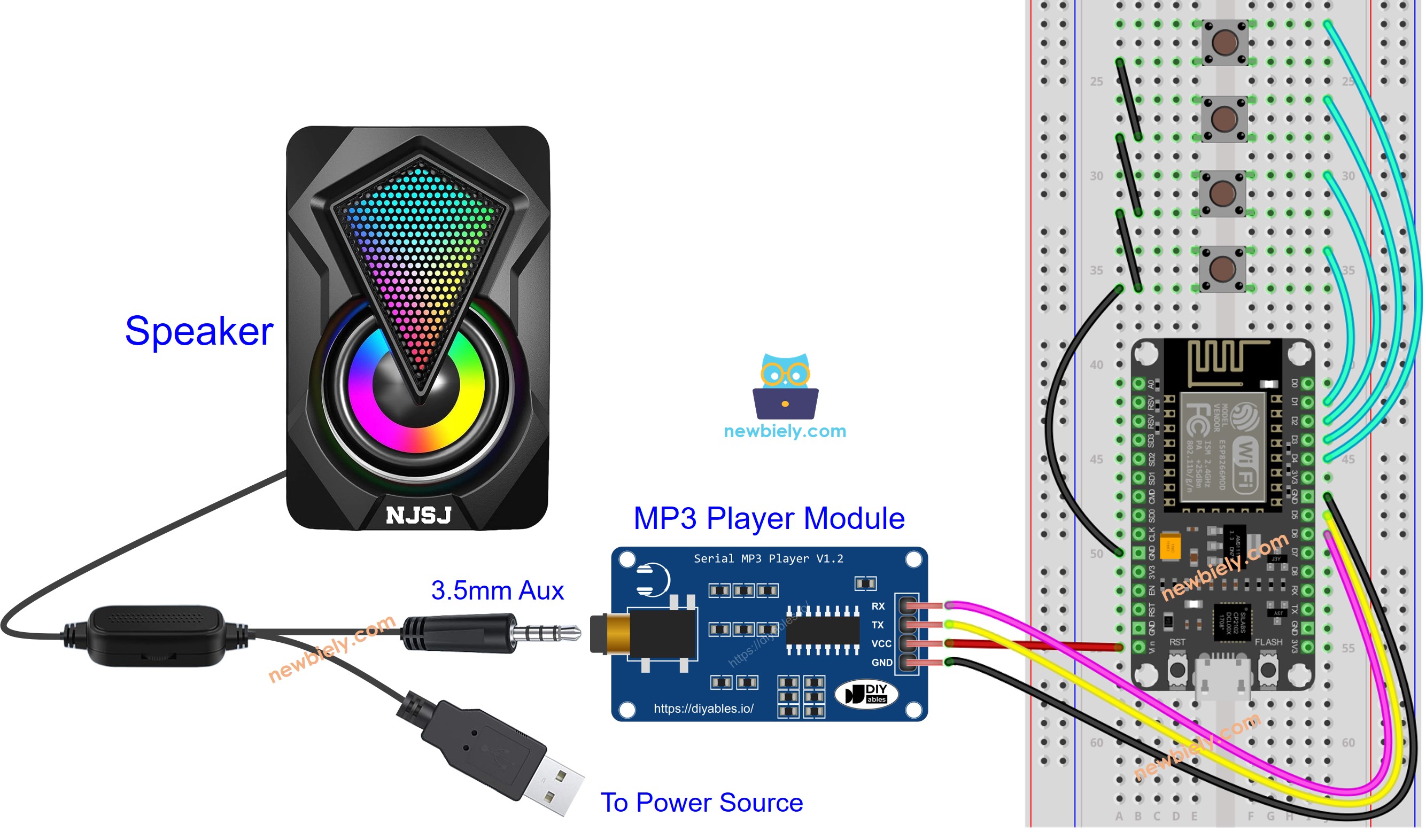 sơ đồ kết nối loa cho trình phát mp3 ESP8266 NodeMCU