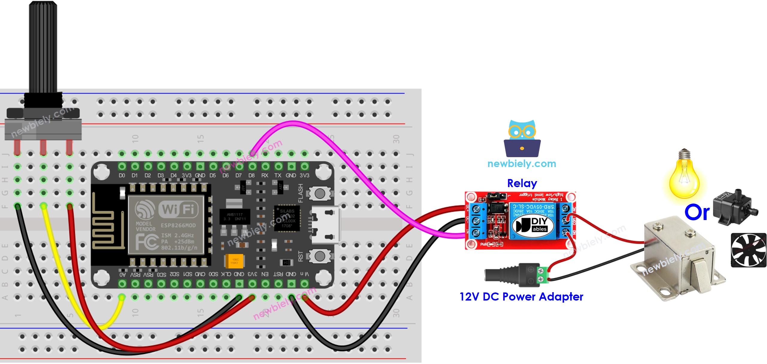 sơ đồ nối mạch ESP8266 NodeMCU với điện trở biến thiên và rơ-le