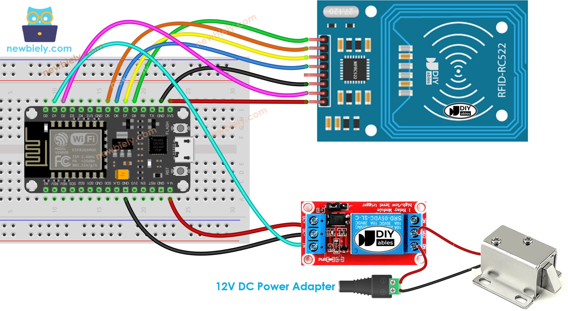 sơ đồ đấu dây cho khóa solenoid cửa dùng ESP8266 NodeMCU và RFID rc522.