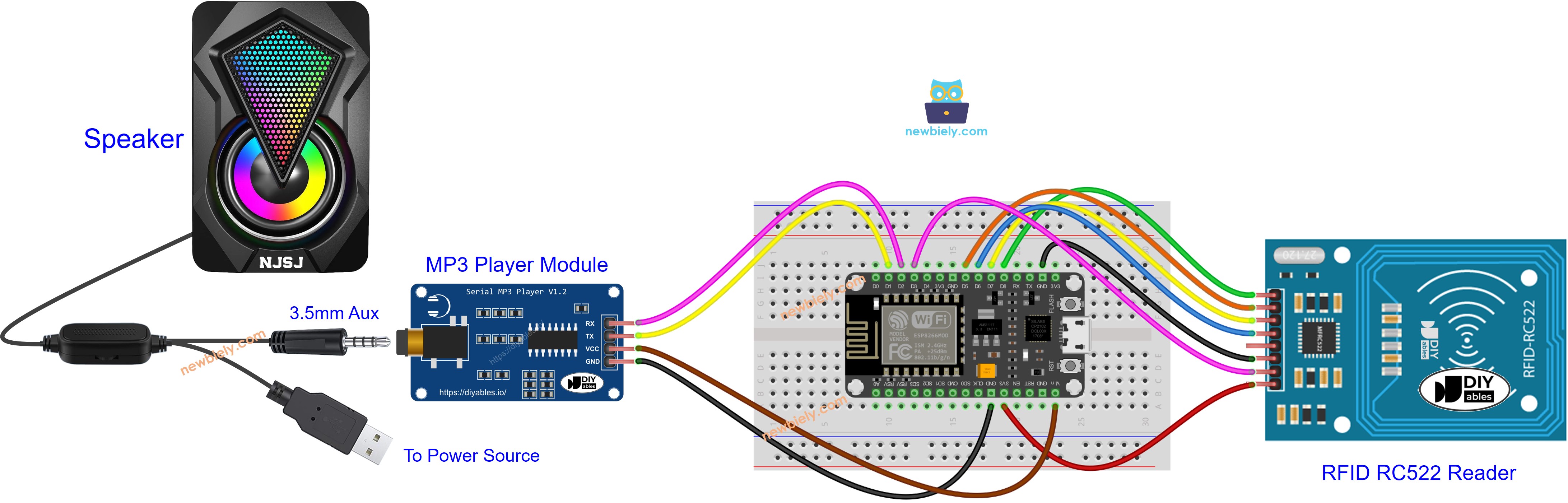 sơ đồ nối dây cho máy nghe mp3 dùng ESP8266 NodeMCU và mô-đun RFID rc522