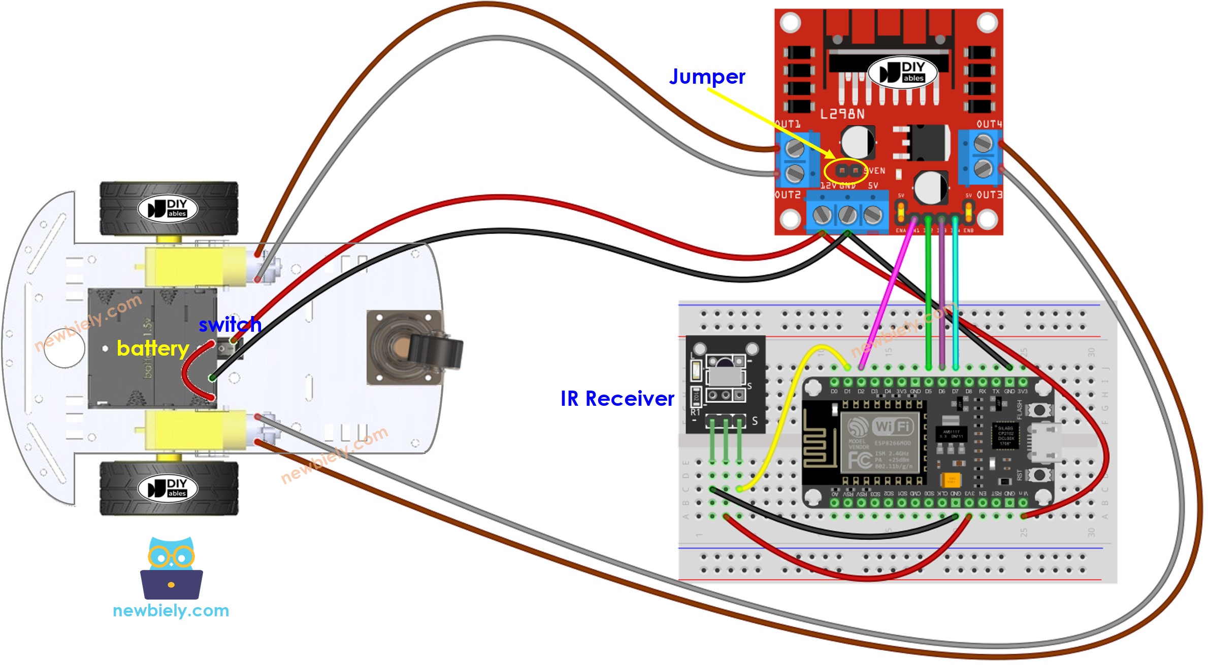 sơ đồ nối dây cho xe ESP8266 NodeMCU hai bánh dẫn động