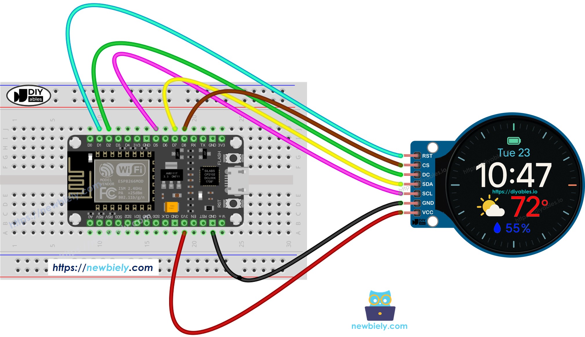 sơ đồ kết nối màn hình tft lcd hình tròn 1,28 inch cho ESP8266 NodeMCU