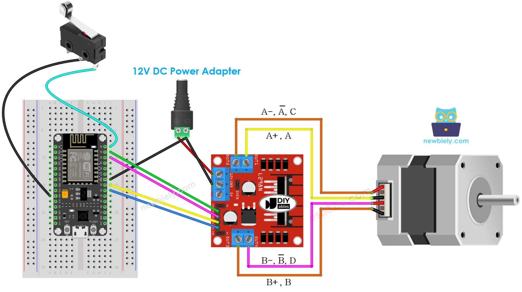 sơ đồ nối dây ESP8266 NodeMCU cho động cơ bước và công tắc giới hạn