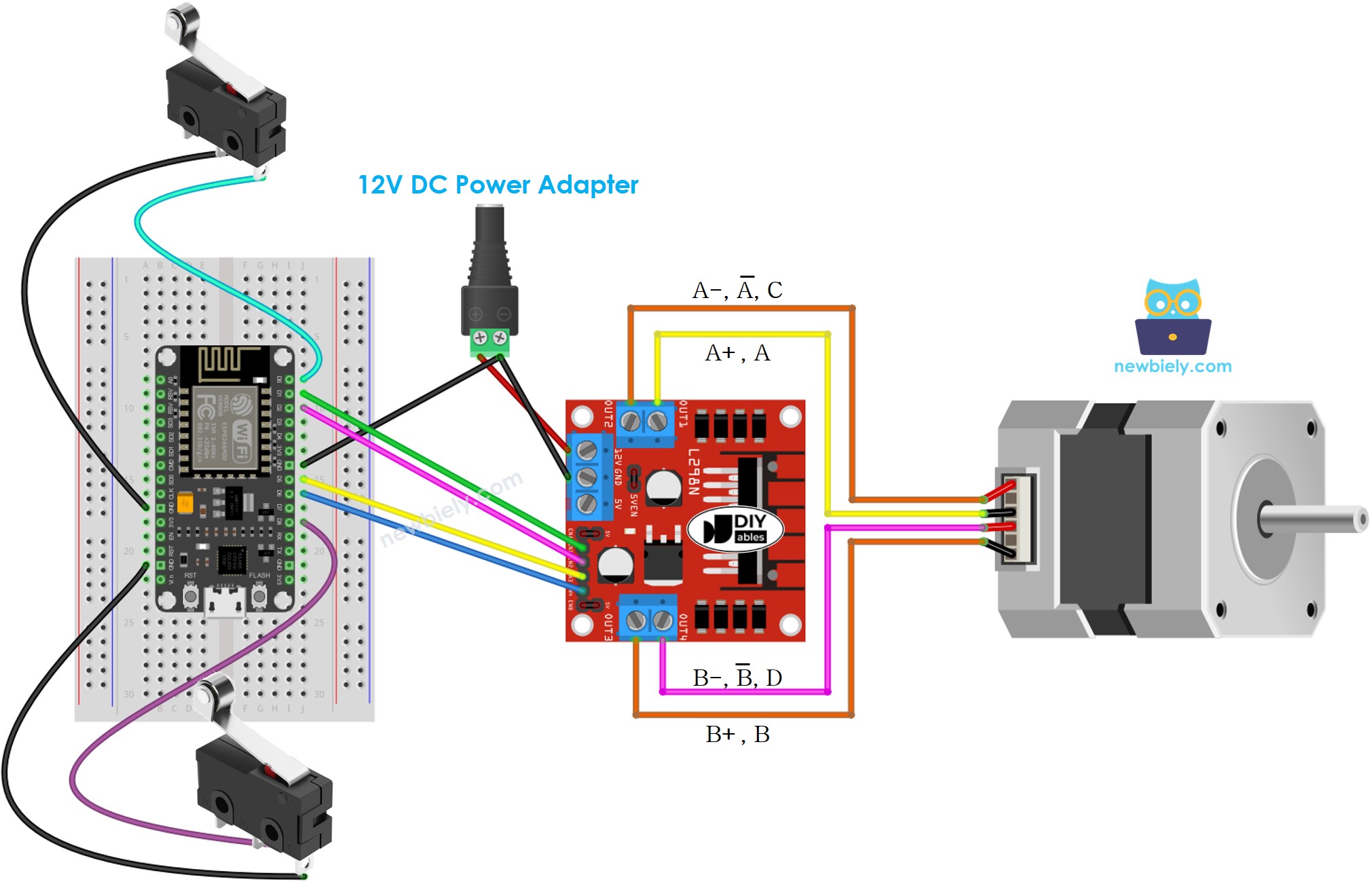 sơ đồ nối dây ESP8266 NodeMCU cho động cơ bước và hai công tắc giới hạn