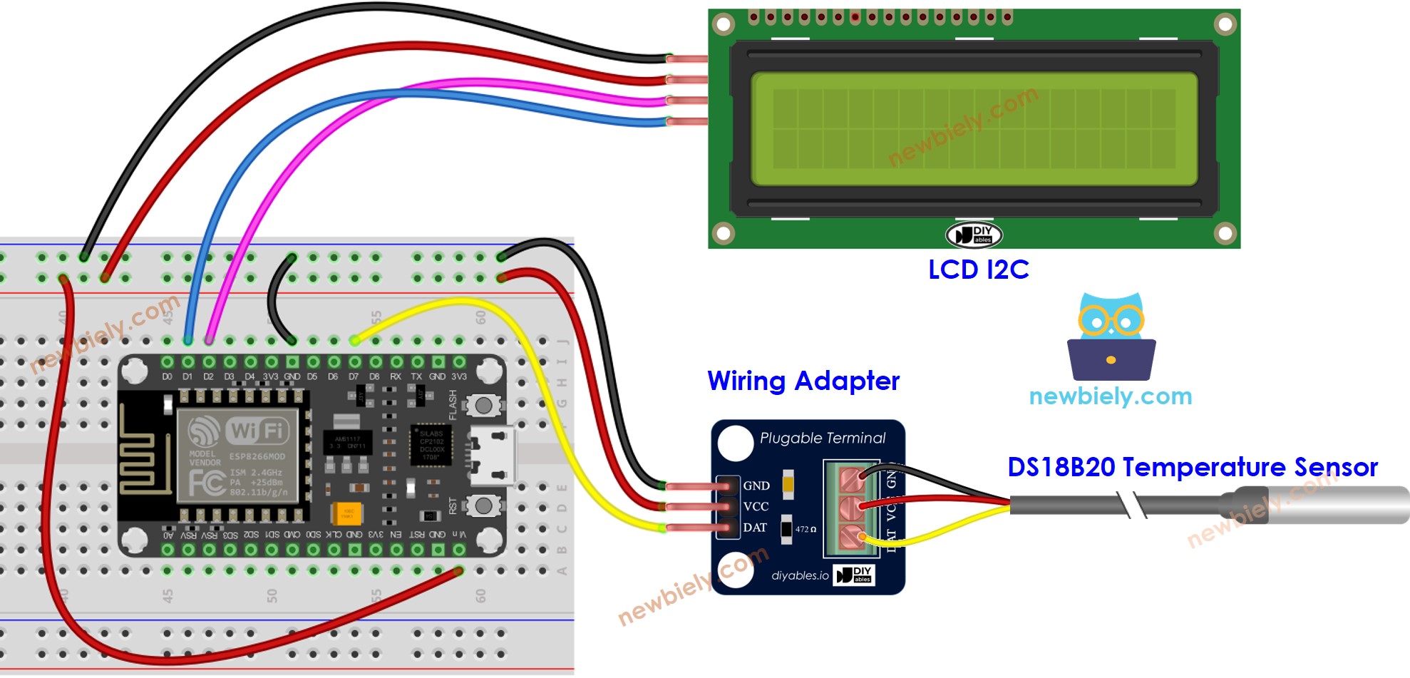 sơ đồ nối dây cảm biến nhiệt độ ESP8266 NodeMCU với lcd