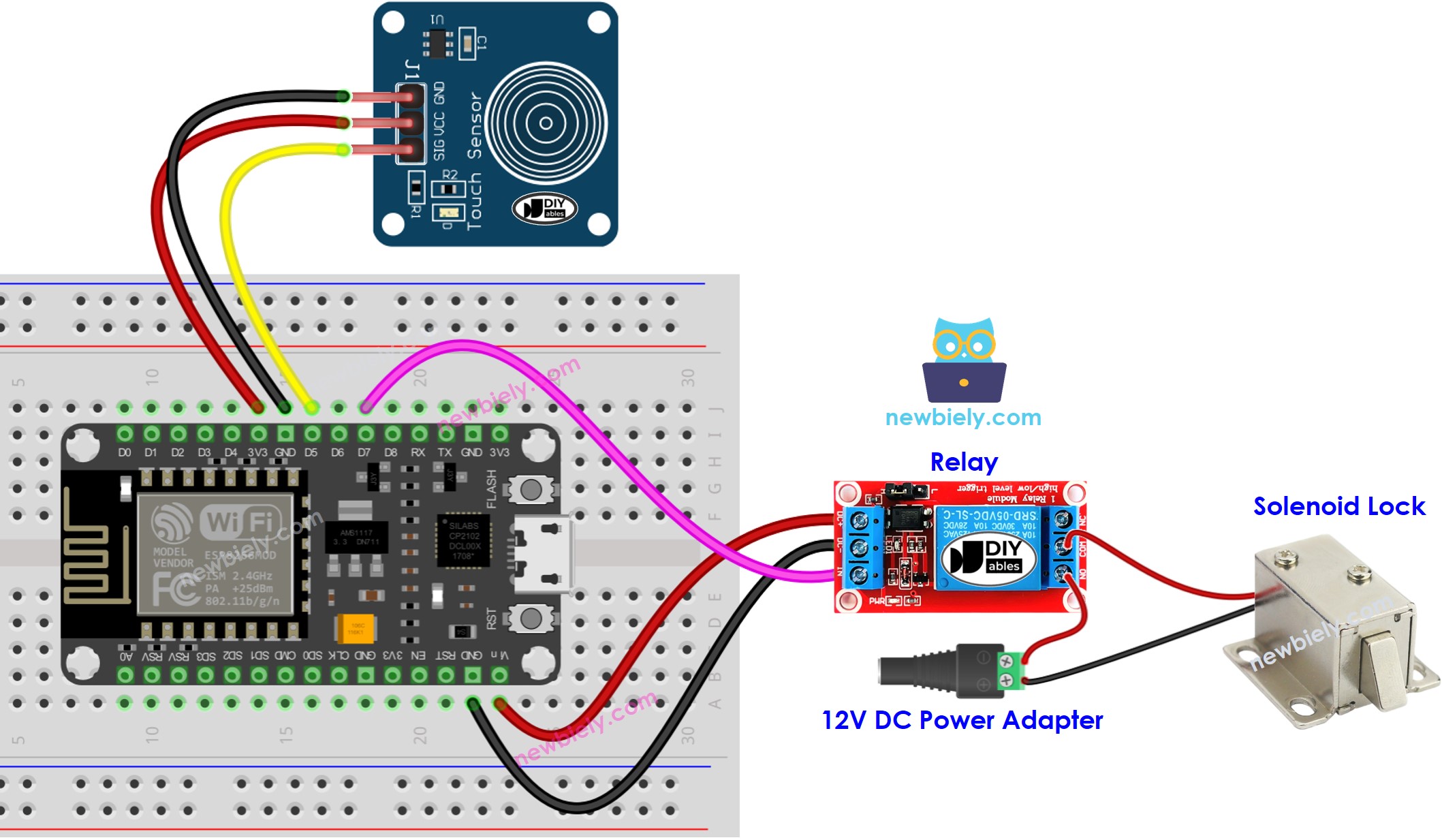 sơ đồ đấu dây cho khóa solenoid cảm biến chạm ESP8266 NodeMCU