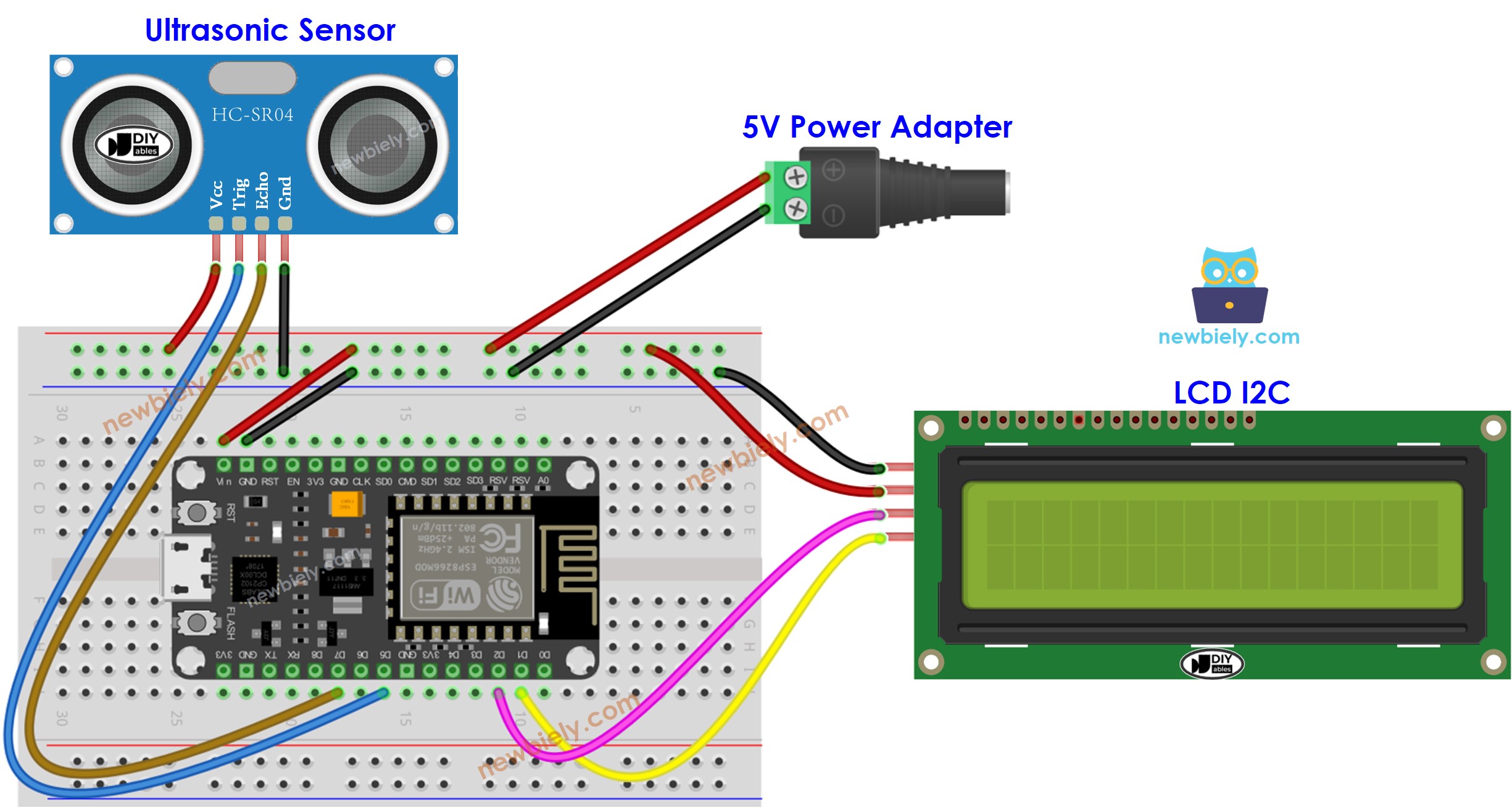 sơ đồ nối dây ESP8266 NodeMCU, cảm biến siêu âm, lcd và chân vin