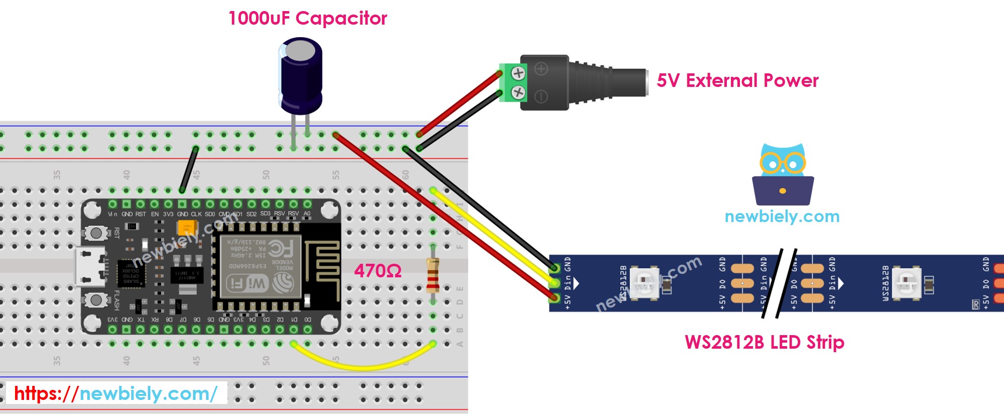 sơ đồ đấu nối dải đèn LED rgb ws2812b cho ESP8266 NodeMCU