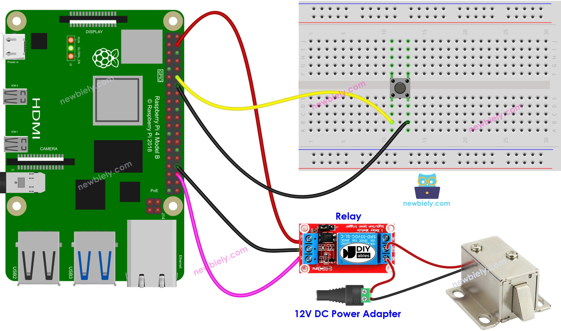 Raspberry Pi nút nhấn khóa điện từ solenoid sơ đồ đấu dây