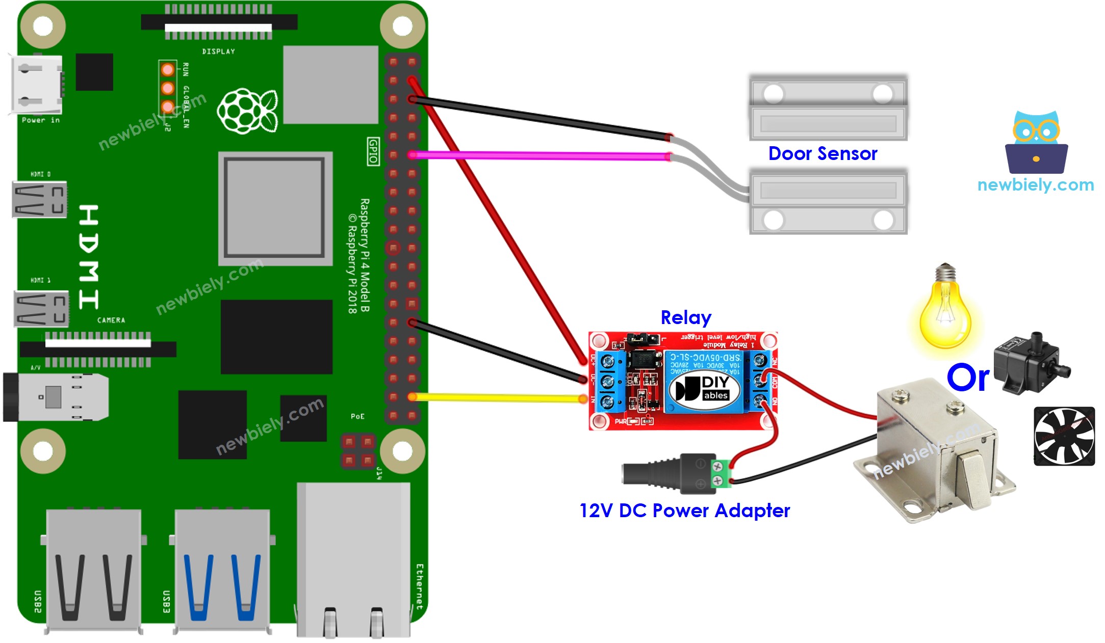 sơ đồ đấu nối Raspberry Pi cảm biến cửa rơ le