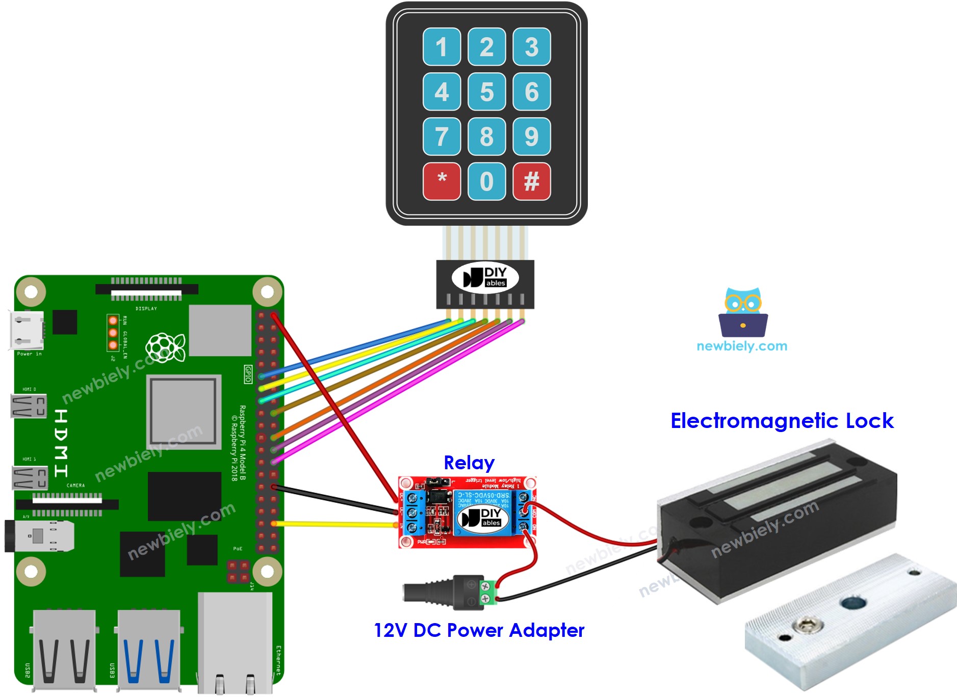 Raspberry Pi, bàn phím ma trận, electromagnetic lock sơ đồ đấu dây