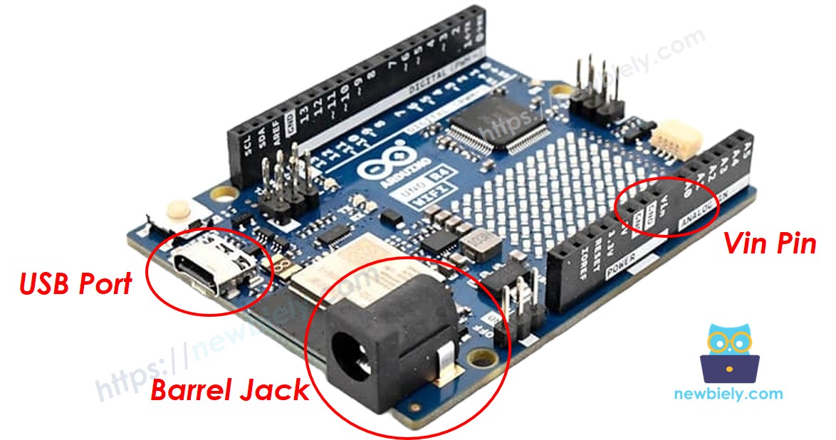 three ways to power the Arduino UNO R4